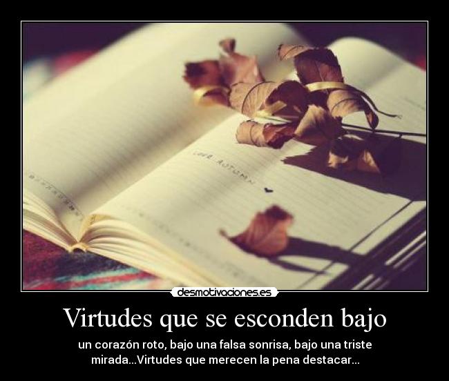 Virtudes que se esconden bajo - un corazón roto, bajo una falsa sonrisa, bajo una triste
mirada...Virtudes que merecen la pena destacar...