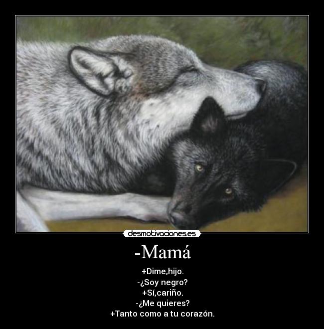 -Mamá - +Dime,hijo.
-¿Soy negro?
+Sí,cariño.
-¿Me quieres?
+Tanto como a tu corazón.