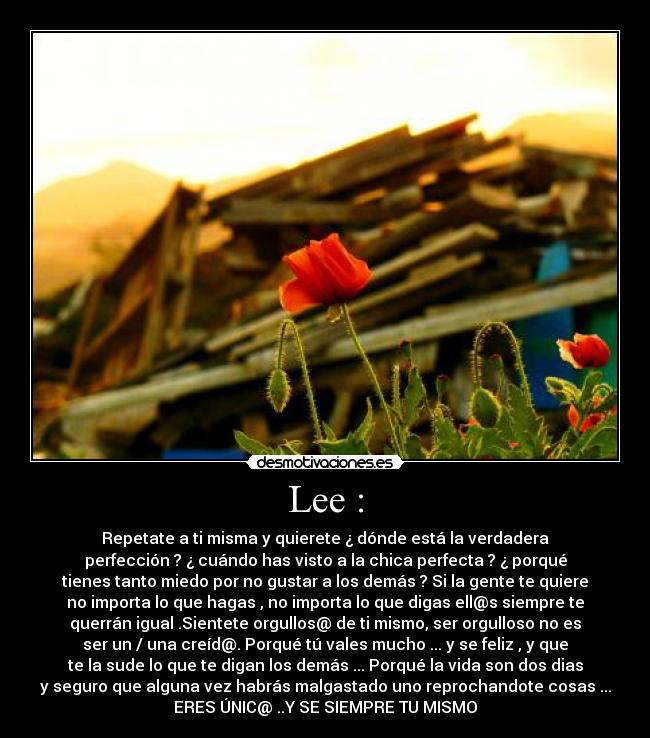 Lee : - Repetate a ti misma y quierete ¿ dónde está la verdadera
perfección ? ¿ cuándo has visto a la chica perfecta ? ¿ porqué
tienes tanto miedo por no gustar a los demás ? Si la gente te quiere
no importa lo que hagas , no importa lo que digas ell@s siempre te
querrán igual .Sientete orgullos@ de ti mismo, ser orgulloso no es
ser un / una creíd@. Porqué tú vales mucho ... y se feliz , y que
te la sude lo que te digan los demás ... Porqué la vida son dos dias
y seguro que alguna vez habrás malgastado uno reprochandote cosas ...
ERES ÚNIC@ ..Y SE SIEMPRE TU MISMO