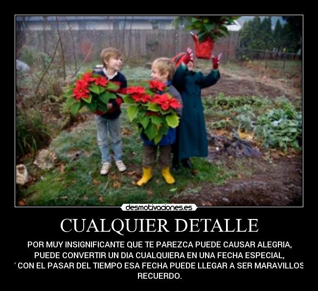 CUALQUIER DETALLE - POR MUY INSIGNIFICANTE QUE TE PAREZCA PUEDE CAUSAR ALEGRIA,
PUEDE CONVERTIR UN DIA CUALQUIERA EN UNA FECHA ESPECIAL,
Y CON EL PASAR DEL TIEMPO ESA FECHA PUEDE LLEGAR A SER MARAVILLOSO
RECUERDO.