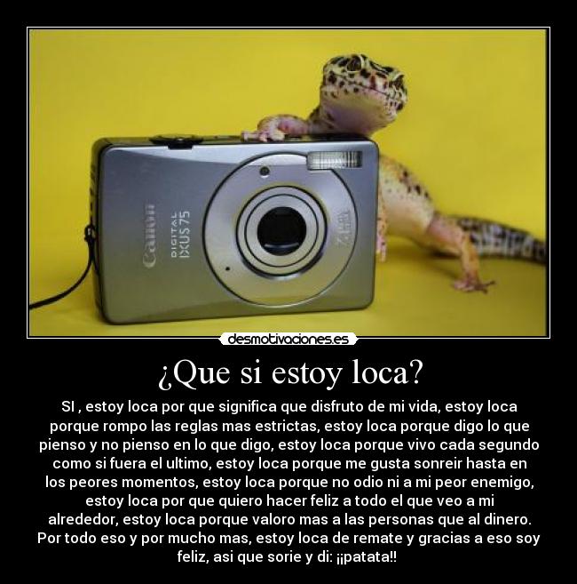 ¿Que si estoy loca? - SI , estoy loca por que significa que disfruto de mi vida, estoy loca
porque rompo las reglas mas estrictas, estoy loca porque digo lo que
pienso y no pienso en lo que digo, estoy loca porque vivo cada segundo
como si fuera el ultimo, estoy loca porque me gusta sonreir hasta en
los peores momentos, estoy loca porque no odio ni a mi peor enemigo,
estoy loca por que quiero hacer feliz a todo el que veo a mi
alrededor, estoy loca porque valoro mas a las personas que al dinero.
Por todo eso y por mucho mas, estoy loca de remate y gracias a eso soy
feliz, asi que sorie y di: ¡¡patata!! 