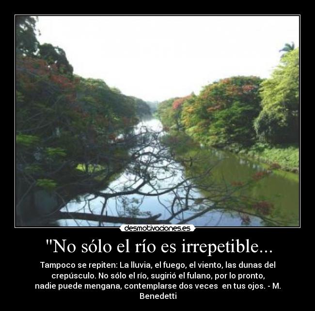 No sólo el río es irrepetible... - Tampoco se repiten: La lluvia, el fuego, el viento, las dunas del
crepúsculo. No sólo el río, sugirió el fulano, por lo pronto,
nadie puede mengana, contemplarse dos veces  en tus ojos. - M.
Benedetti