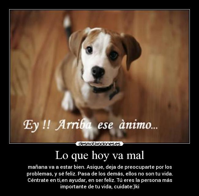 Lo que hoy va mal - mañana va a estar bien. Asique, deja de preocuparte por los
problemas, y sé feliz. Pasa de los demás, ellos no son tu vida.
Céntrate en ti,en ayudar, en ser feliz. Tú eres la persona más
importante de tu vida, cuidate:)ki