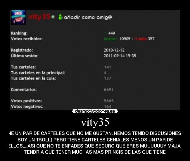 vity35 - TIENE UN PAR DE CARTELES QUE NO ME GUSTAN, HEMOS TENIDO DISCUSIONES(NO
SOY UN TROLL) PERO TIENE CARTELES GENIALES MENOS UN PAR DE
ELLOS....ASI QUE NO TE ENFADES QUE SEGURO QUE ERES MUUUUUUY MAJA!!
TENDRIA QUE TENER MUCHAS MAS PRINCIS DE LAS QUE TIENE
