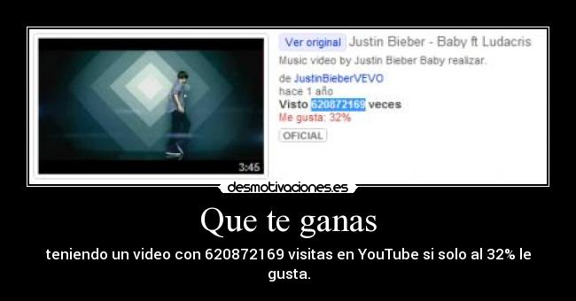 Que te ganas - teniendo un video con 620872169 visitas en YouTube si solo al 32% le gusta.