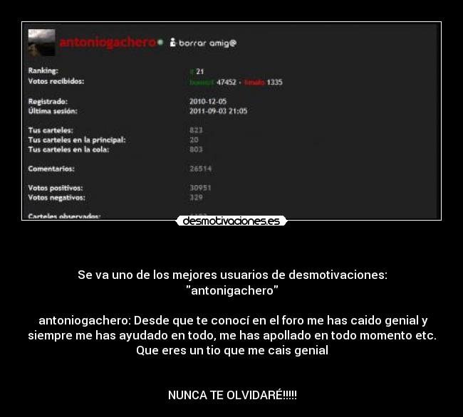 - Se va uno de los mejores usuarios de desmotivaciones:
antonigachero
antoniogachero: Desde que te conocí en el foro me has caido genial y
siempre me has ayudado en todo, me has apollado en todo momento etc.
Que eres un tio que me cais genial
NUNCA TE OLVIDARÉ!!!!!