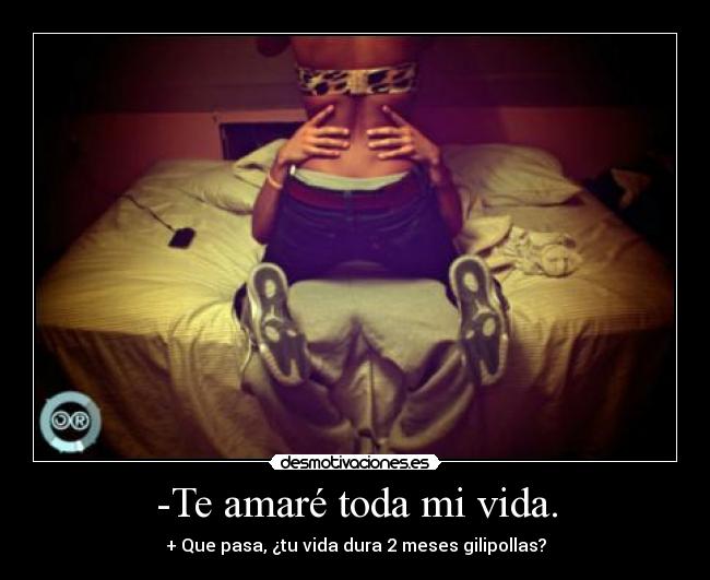 -Te amaré toda mi vida. - + Que pasa, ¿tu vida dura 2 meses gilipollas?
