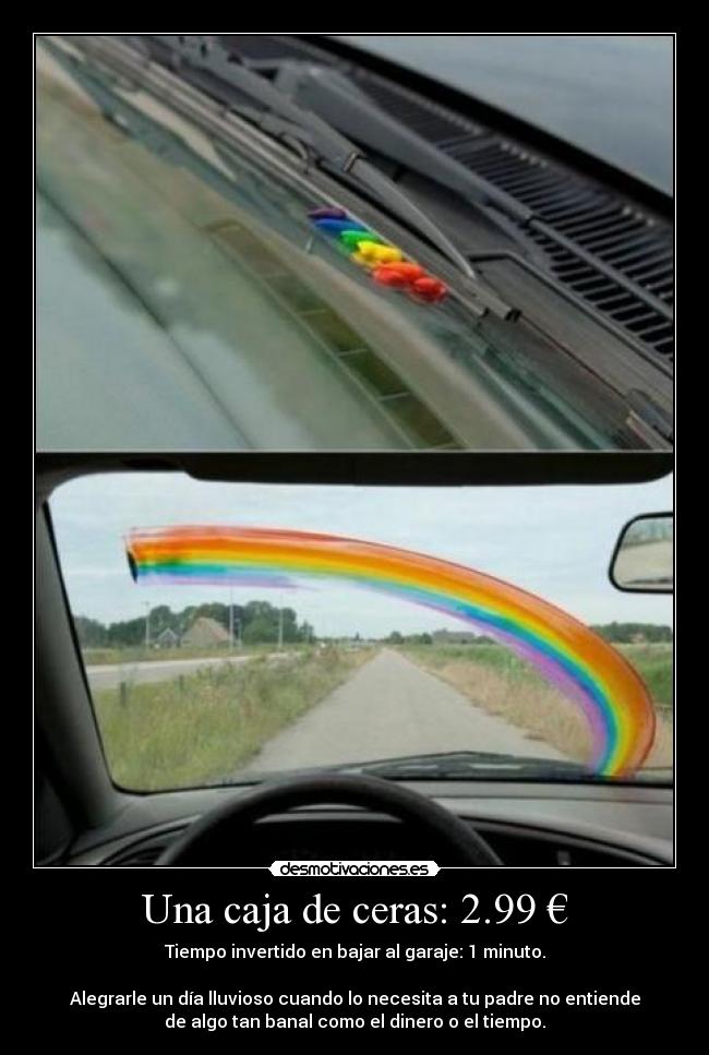 Una caja de ceras: 2.99 € - Tiempo invertido en bajar al garaje: 1 minuto.
Alegrarle un día lluvioso cuando lo necesita a tu padre no entiende
de algo tan banal como el dinero o el tiempo.