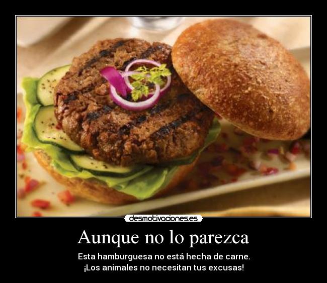 Aunque no lo parezca - Esta hamburguesa no está hecha de carne.
¡Los animales no necesitan tus excusas!