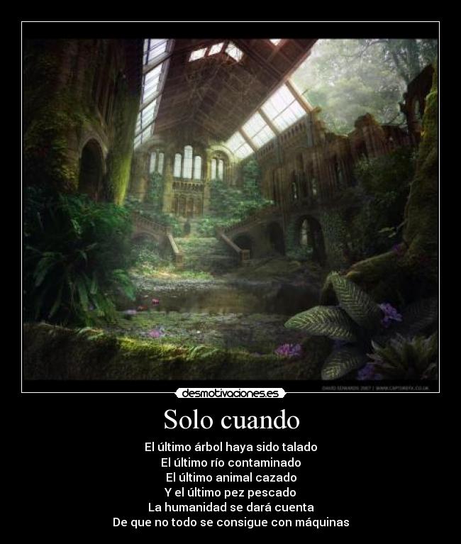 Solo cuando - El último árbol haya sido talado
El último río contaminado
El último animal cazado
Y el último pez pescado
La humanidad se dará cuenta
De que no todo se consigue con máquinas