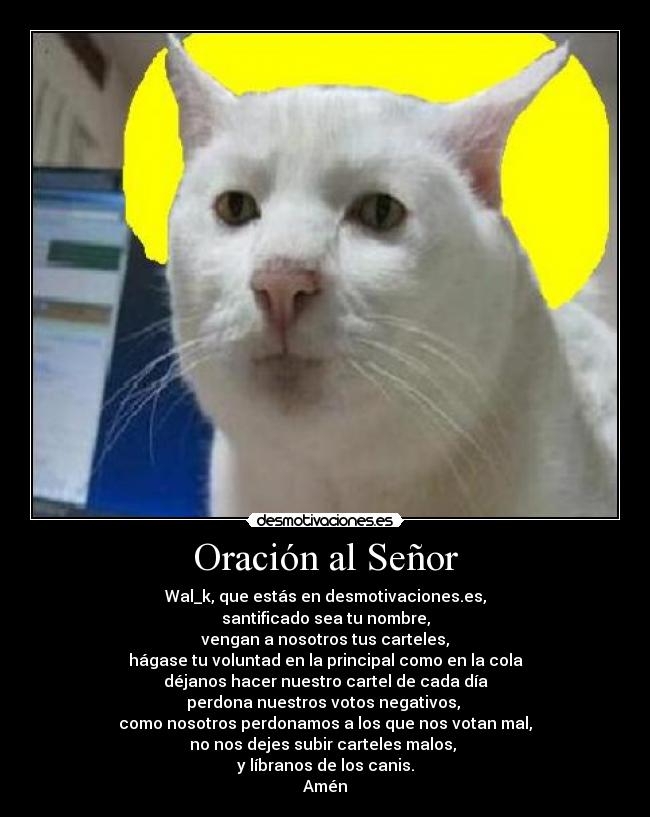 Oración al Señor - Wal_k, que estás en desmotivaciones.es,
santificado sea tu nombre,
vengan a nosotros tus carteles,
hágase tu voluntad en la principal como en la cola
déjanos hacer nuestro cartel de cada día
perdona nuestros votos negativos,
como nosotros perdonamos a los que nos votan mal,
no nos dejes subir carteles malos,
y líbranos de los canis.
Amén