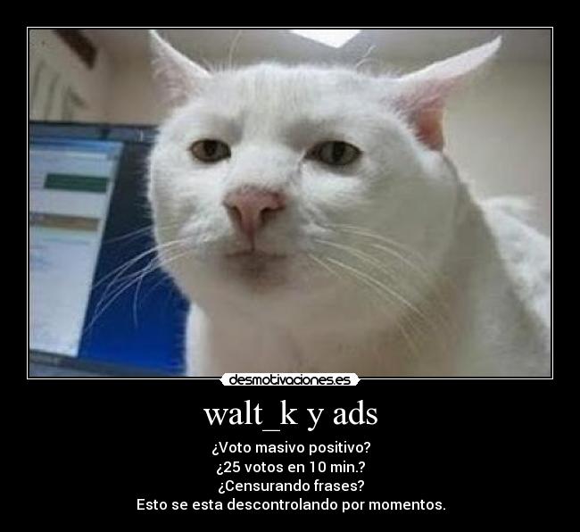 walt_k y ads - ¿Voto masivo positivo?
¿25 votos en 10 min.?
¿Censurando frases?
Esto se esta descontrolando por momentos.