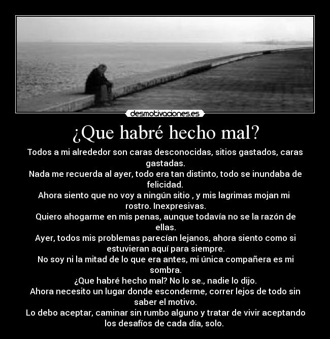 ¿Que habré hecho mal? - Todos a mi alrededor son caras desconocidas, sitios gastados, caras
gastadas.
Nada me recuerda al ayer, todo era tan distinto, todo se inundaba de
felicidad.
Ahora siento que no voy a ningún sitio , y mis lagrimas mojan mi
rostro. Inexpresivas.
Quiero ahogarme en mis penas, aunque todavía no se la razón de
ellas.
Ayer, todos mis problemas parecían lejanos, ahora siento como si
estuvieran aquí para siempre.
No soy ni la mitad de lo que era antes, mi única compañera es mi
sombra.
¿Que habré hecho mal? No lo se., nadie lo dijo.
Ahora necesito un lugar donde esconderme, correr lejos de todo sin
saber el motivo.
Lo debo aceptar, caminar sin rumbo alguno y tratar de vivir aceptando
los desafíos de cada día, solo.