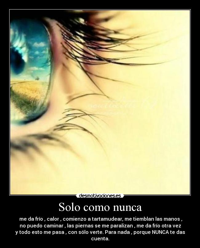 Solo como nunca - me da frío , calor , comienzo a tartamudear, me tiemblan las manos ,
no puedo caminar , las piernas se me paralizan , me da frío otra vez
y todo esto me pasa , con sólo verte. Para nada , porque NUNCA te das
cuenta.