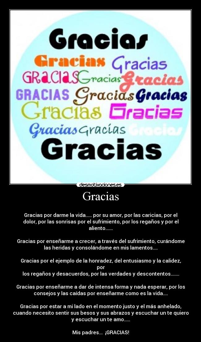 Gracias - 
Gracias por darme la vida..... por su amor, por las caricias, por el
dolor, por las sonrisas por el sufrimiento, por los regaños y por el
aliento......

Gracias por enseñarme a crecer, a través del sufrimiento, curándome
las heridas y consolándome en mis lamentos....

Gracias por el ejemplo de la honradez, del entusiasmo y la calidez,
por
los regaños y desacuerdos, por las verdades y descontentos.......

Gracias por enseñarme a dar de intensa forma y nada esperar, por los
consejos y las caídas por enseñarme como es la vida....

Gracias por estar a mi lado en el momento justo y el más anhelado,
cuando necesito sentir sus besos y sus abrazos y escuchar un te quiero
y escuchar un te amo.....

Mis padres...  ¡GRACIAS!