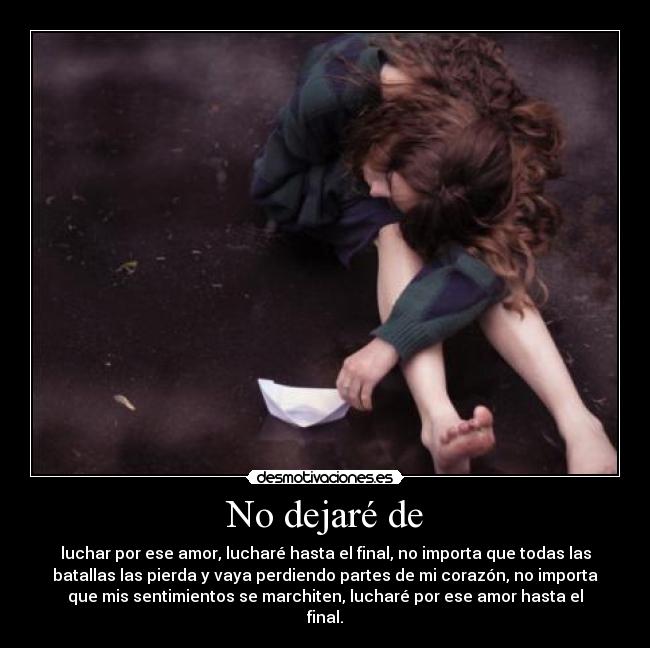 No dejaré de - luchar por ese amor, lucharé hasta el final, no importa que todas las
batallas las pierda y vaya perdiendo partes de mi corazón, no importa
que mis sentimientos se marchiten, lucharé por ese amor hasta el
final.