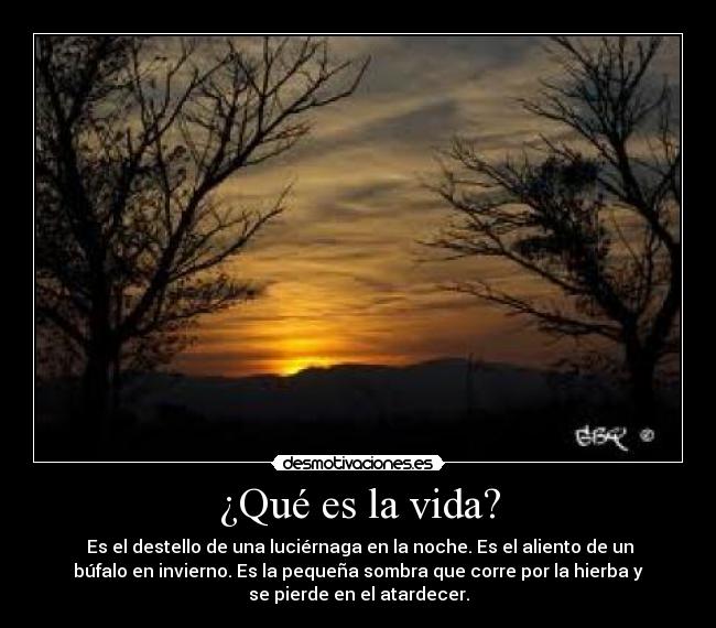 ¿Qué es la vida? - Es el destello de una luciérnaga en la noche. Es el aliento de un
búfalo en invierno. Es la pequeña sombra que corre por la hierba y
se pierde en el atardecer.