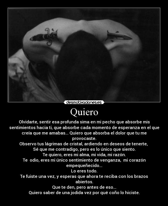 Quiero - Olvidarte, sentir esa profunda sima en mi pecho que absorbe mis
sentimientos hacia ti, que absorbe cada momento de esperanza en el que
creía que me amabas... Quiero que absorba el dolor que tu me
provocaste.
Observo tus lágrimas de cristal, ardiendo en deseos de tenerte, 
Sé que me contradigo, pero es lo único que siento.
Te quiero, eres mi alma, mi vida, mi razón.
Te  odio, eres mi único sentimiento de venganza,  mi corazón
empequeñecido...
Lo eres todo.
Te fuiste una vez, y esperas que ahora te reciba con los brazos
abiertos.
Que te den, pero antes de eso...
Quiero saber de una jodida vez por qué coño lo hiciste.
