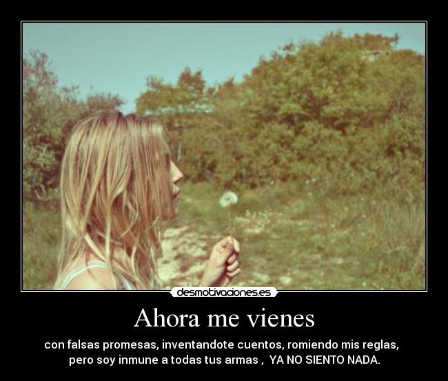 Ahora me vienes - con falsas promesas, inventandote cuentos, romiendo mis reglas,
pero soy inmune a todas tus armas , YA NO SIENTO NADA.