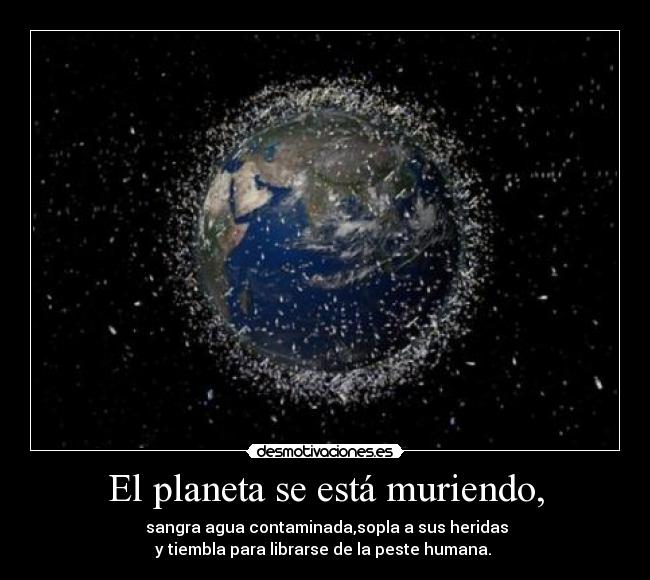 El planeta se está muriendo, -  sangra agua contaminada,sopla a sus heridas
 y tiembla para librarse de la peste humana.  