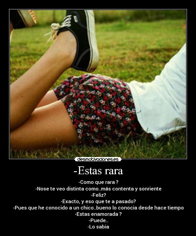 -Estas rara - -Como que rara ?
-Nose te veo distinta como..más contenta y sonriente
-Feliz?
-Exacto, y eso que te a pasado?
-Pues que he conocido a un chico..bueno lo conocia desde hace tiempo
-Estas enamorada ?
-Puede..
-Lo sabia