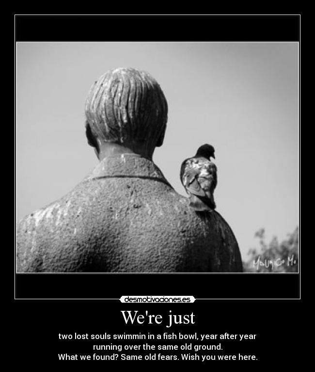 Were just - two lost souls swimmin in a fish bowl, year after year
running over the same old ground.
What we found? Same old fears. Wish you were here.
