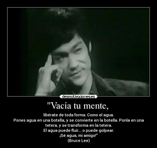 Vacía tu mente,  - libérate de toda forma. Como el agua.
Pones agua en una botella, y se convierte en la botella. Ponla en una
tetera, y se transforma en la tetera.
El agua puede fluir... o puede golpear.
¡Sé agua, mi amigo!
(Bruce Lee)