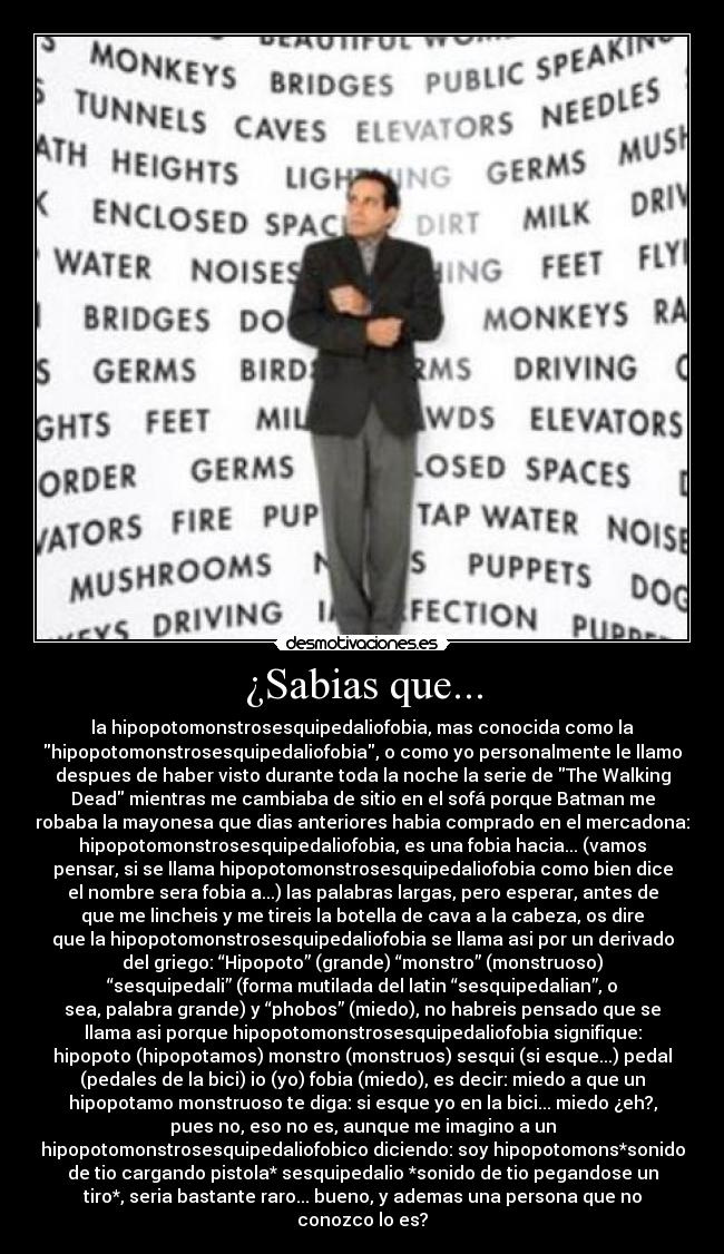 ¿Sabias que... - la hipopotomonstrosesquipedaliofobia, mas conocida como la
hipopotomonstrosesquipedaliofobia, o como yo personalmente le llamo
despues de haber visto durante toda la noche la serie de The Walking
Dead mientras me cambiaba de sitio en el sofá porque Batman me
robaba la mayonesa que dias anteriores habia comprado en el mercadona:
hipopotomonstrosesquipedaliofobia, es una fobia hacia... (vamos
pensar, si se llama hipopotomonstrosesquipedaliofobia como bien dice
el nombre sera fobia a...) las palabras largas, pero esperar, antes de
que me lincheis y me tireis la botella de cava a la cabeza, os dire
que la hipopotomonstrosesquipedaliofobia se llama asi por un derivado
del griego: “Hipopoto” (grande) “monstro” (monstruoso)
“sesquipedali” (forma mutilada del latin “sesquipedalian”, o
sea, palabra grande) y “phobos” (miedo), no habreis pensado que se
llama asi porque hipopotomonstrosesquipedaliofobia signifique:
hipopoto (hipopotamos) monstro (monstruos) sesqui (si esque...) pedal
(pedales de la bici) io (yo) fobia (miedo), es decir: miedo a que un
hipopotamo monstruoso te diga: si esque yo en la bici... miedo ¿eh?,
pues no, eso no es, aunque me imagino a un
hipopotomonstrosesquipedaliofobico diciendo: soy hipopotomons*sonido
de tio cargando pistola* sesquipedalio *sonido de tio pegandose un
tiro*, seria bastante raro... bueno, y ademas una persona que no
conozco lo es?