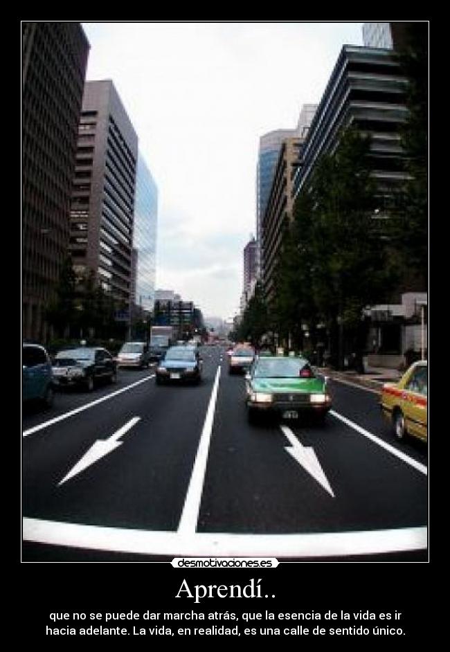Aprendí.. - que no se puede dar marcha atrás, que la esencia de la vida es ir
hacia adelante. La vida, en realidad, es una calle de sentido único.