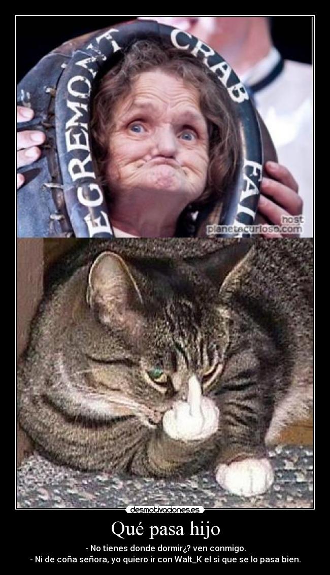 Qué pasa hijo - - No tienes donde dormir¿? ven conmigo.
- Ni de coña señora, yo quiero ir con Walt_K el si que se lo pasa bien.