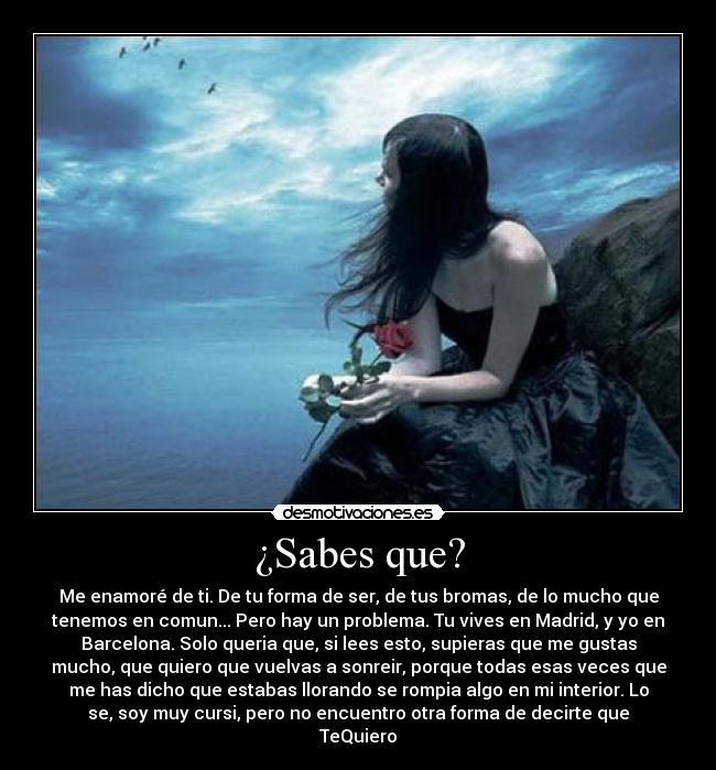 ¿Sabes que? - Me enamoré de ti. De tu forma de ser, de tus bromas, de lo mucho que
tenemos en comun... Pero hay un problema. Tu vives en Madrid, y yo en
Barcelona. Solo queria que, si lees esto, supieras que me gustas
mucho, que quiero que vuelvas a sonreir, porque todas esas veces que
me has dicho que estabas llorando se rompia algo en mi interior. Lo
se, soy muy cursi, pero no encuentro otra forma de decirte que
TeQuiero