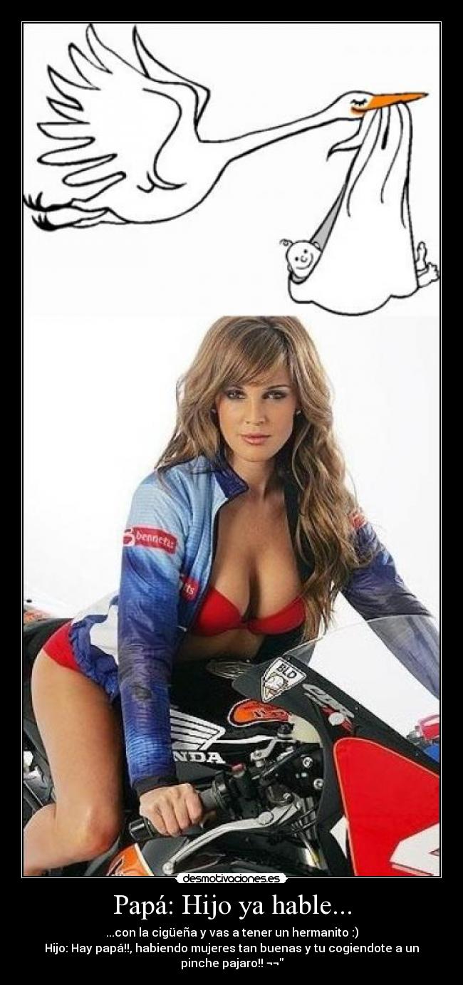 Papá: Hijo ya hable... - ...con la cigüeña y vas a tener un hermanito :)
Hijo: Hay papá!!, habiendo mujeres tan buenas y tu cogiendote a un
pinche pajaro!! ¬¬