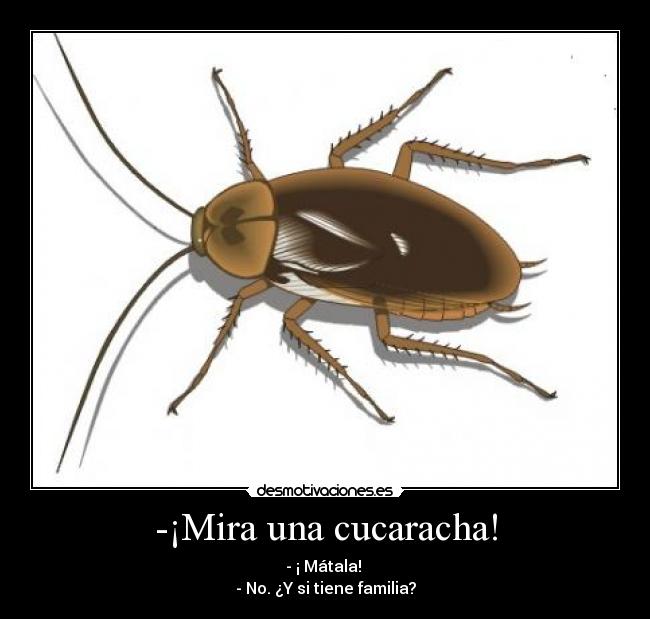 -¡Mira una cucaracha! - - ¡ Mátala! 
- No. ¿Y si tiene familia?