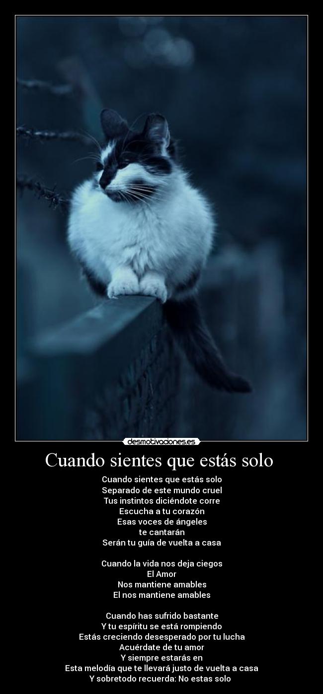 Cuando sientes que estás solo - Cuando sientes que estás solo
Separado de este mundo cruel
Tus instintos diciéndote corre
Escucha a tu corazón
Esas voces de ángeles
te cantarán
Serán tu guía de vuelta a casa
Cuando la vida nos deja ciegos
El Amor
Nos mantiene amables
El nos mantiene amables
Cuando has sufrido bastante
Y tu espíritu se está rompiendo
Estás creciendo desesperado por tu lucha
Acuérdate de tu amor
Y siempre estarás en
Esta melodía que te llevará justo de vuelta a casa
Y sobretodo recuerda: No estas solo