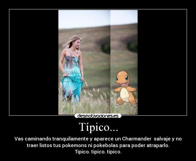 Típico... - Vas caminando tranquilamente y aparece un Charmander salvaje y no
traer listos tus pokemons ni pokebolas para poder atraparlo.
Tipico. tipico. tipico.