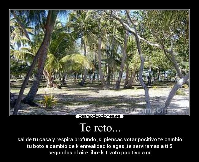 Te reto... - sal de tu casa y respira profundo ,si piensas votar pocitivo te cambio
tu boto a cambio de k enrealidad lo agas ,te serviramas a ti 5
segundos al aire libre k 1 voto pocitivo a mi