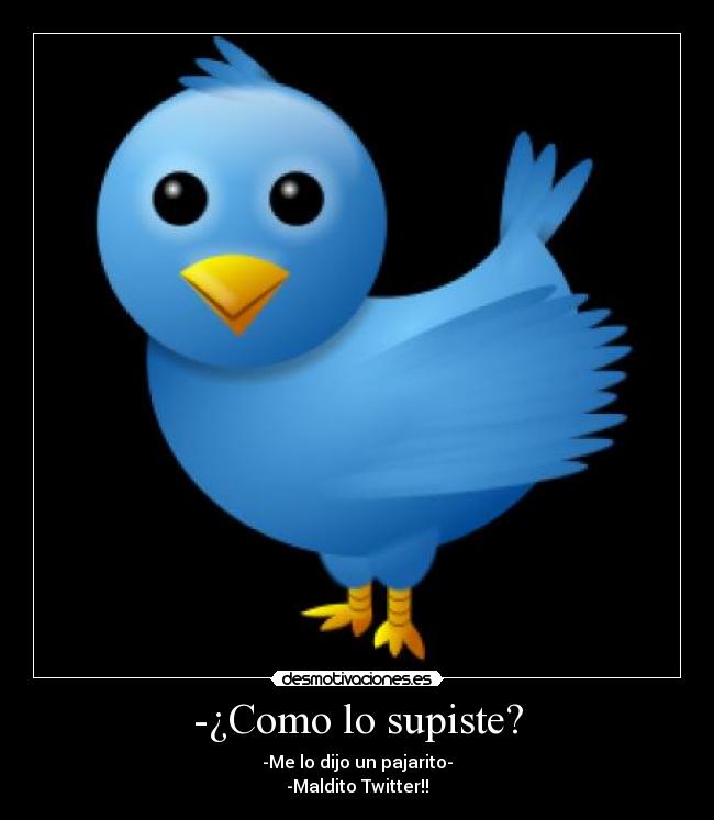 -¿Como lo supiste? - -Me lo dijo un pajarito-
-Maldito Twitter!!