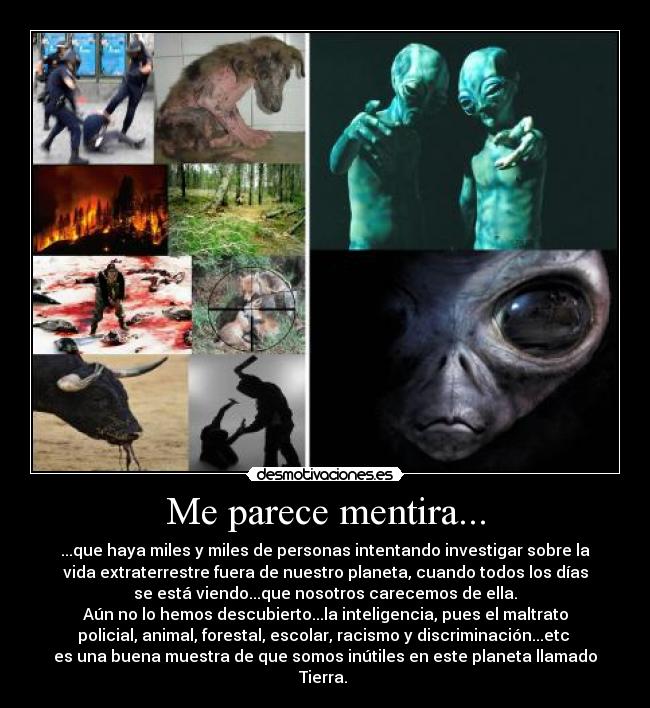 Me parece mentira... - ...que haya miles y miles de personas intentando investigar sobre la
vida extraterrestre fuera de nuestro planeta, cuando todos los días
se está viendo...que nosotros carecemos de ella.
Aún no lo hemos descubierto...la inteligencia, pues el maltrato
policial, animal, forestal, escolar, racismo y discriminación...etc
es una buena muestra de que somos inútiles en este planeta llamado
Tierra.