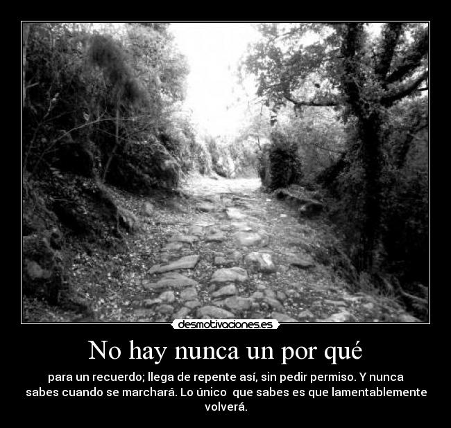 No hay nunca un por qué - para un recuerdo; llega de repente así, sin pedir permiso. Y nunca
sabes cuando se marchará. Lo único que sabes es que lamentablemente
volverá.