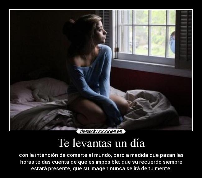 Te levantas un día - con la intención de comerte el mundo, pero a medida que pasan las
horas te das cuenta de que es imposible; que su recuerdo siempre
estará presente, que su imagen nunca se irá de tu mente.