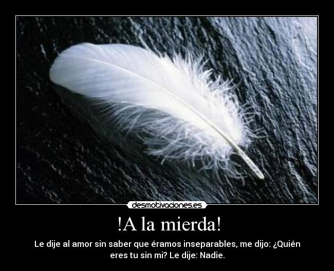 !A la mierda! - Le dije al amor sin saber que éramos inseparables, me dijo: ¿Quién
eres tu sin mi? Le dije: Nadie.