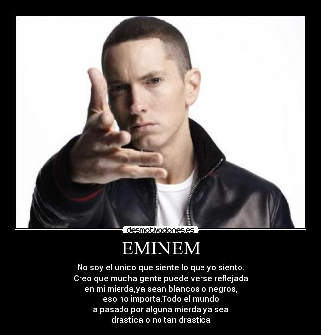 EMINEM - No soy el unico que siente lo que yo siento.
Creo que mucha gente puede verse reflejada
en mi mierda,ya sean blancos o negros,
eso no importa.Todo el mundo
a pasado por alguna mierda ya sea
drastica o no tan drastica