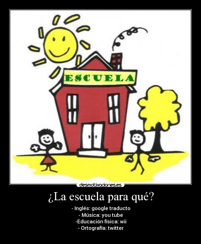 ¿La escuela para qué? - - Inglés: google traducto
- Música: you tube
-Educación física: wii
- Ortografía: twitter
