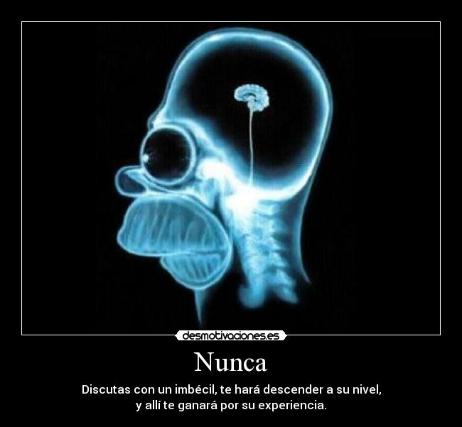 Nunca - Discutas con un imbécil, te hará descender a su nivel,
y allí te ganará por su experiencia.