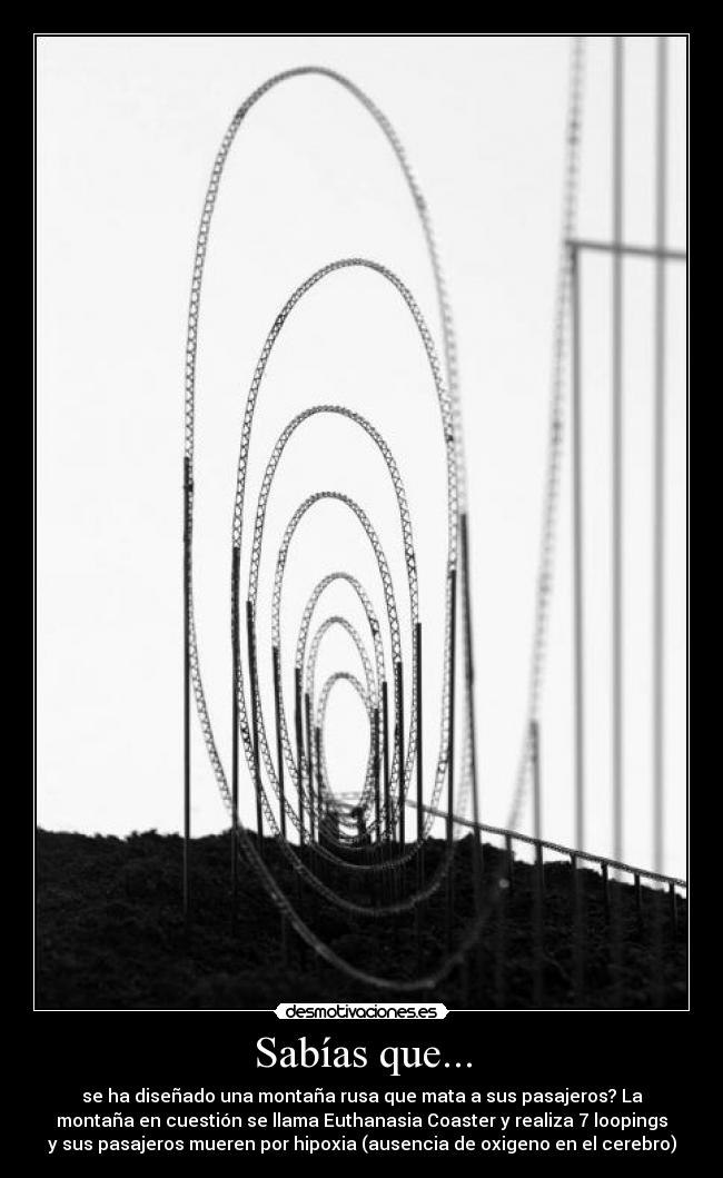 Sabías que... - se ha diseñado una montaña rusa que mata a sus pasajeros? La
montaña en cuestión se llama Euthanasia Coaster y realiza 7 loopings
y sus pasajeros mueren por hipoxia (ausencia de oxigeno en el cerebro)
