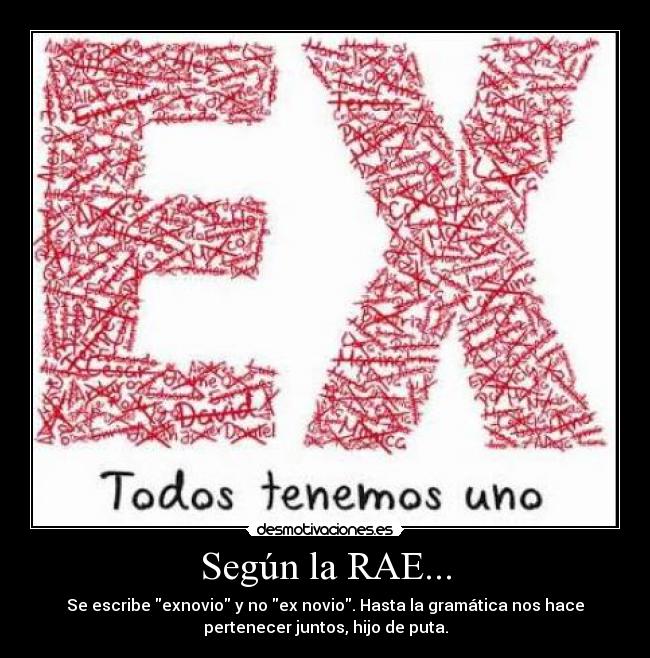 Según la RAE... - Se escribe exnovio y no ex novio. Hasta la gramática nos hace
pertenecer juntos, hijo de puta.