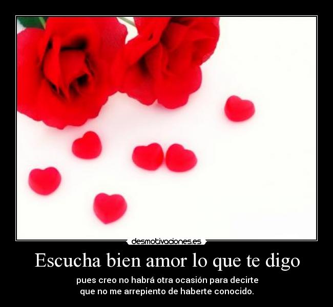 Escucha bien amor lo que te digo -   pues creo no habrá otra ocasión para decirte 
que no me arrepiento de haberte conocido.