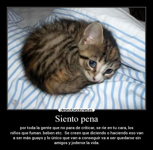 Siento pena - por toda la gente que no para de criticar, se rie en tu cara, los
niños que fuman. beben etc.  Se creen que diciendo o haciendo eso van
a ser más guays y lo único que van a conseguir va a ser quedarse sin
amigos y joderse la vida.