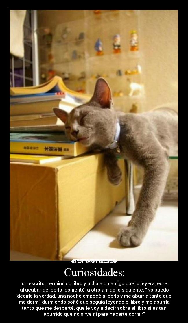 Curiosidades: - un escritor terminó su libro y pidió a un amigo que lo leyera, éste
al acabar de leerlo comentó a otro amigo lo siguiente: No puedo
decirle la verdad, una noche empecé a leerlo y me aburría tanto que
me dormí, durmiendo soñé que seguía leyendo el libro y me aburría
tanto que me desperté, que le voy a decir sobre el libro si es tan
aburrido que no sirve ni para hacerte dormir
