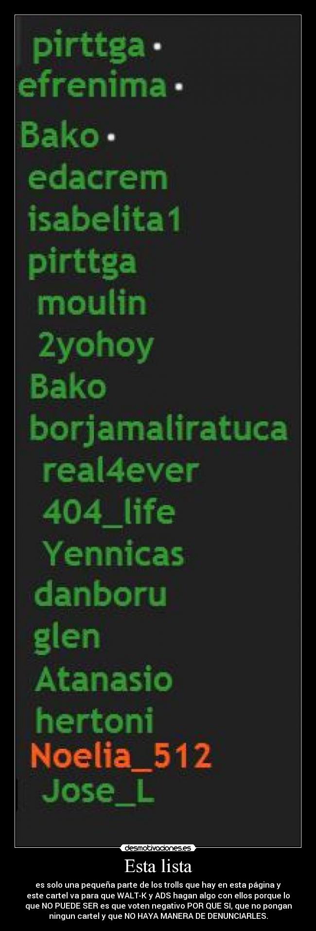 Esta lista - es solo una pequeña parte de los trolls que hay en esta página y
este cartel va para que WALT-K y ADS hagan algo con ellos porque lo
que NO PUEDE SER es que voten negativo POR QUE SI, que no pongan
ningun cartel y que NO HAYA MANERA DE DENUNCIARLES.